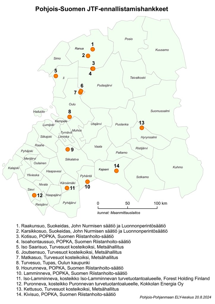 Kartalle on merkitty 14 Pohjois-Suomen ennallistamishanketta kuntien alueilla.